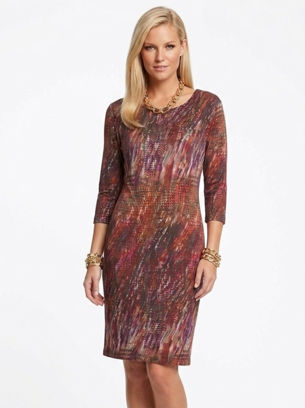 Leggiadro Multicolor Brushstroke Print Long Sleeve Sheath Shift Dress